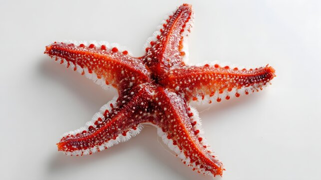 Vivid orange and red sea creature displays five prominent arms against a light background