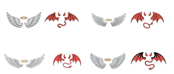 Angel and devil wings icon set representing good and evil concept with halo and red dragon wings 