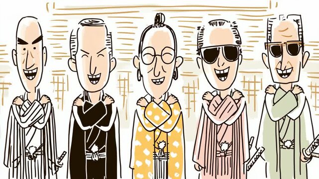 5人組のヤクザが一斉に笑うイラストアニメーション