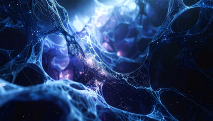 Abstract neural network with glowing nodes and thread-like connections in blue and purple. Futuristic digital web evokes AI, data flow, and complex connectivity.