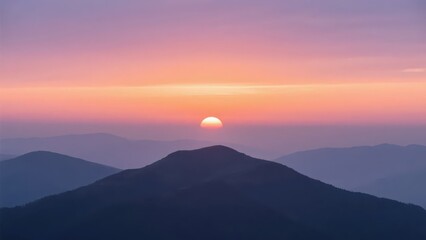 Obraz premium At sunset in the mountains, the setting sun contrasts with the layered mountains, presenting the gorgeous and magnificent beauty of natural light and shadow.