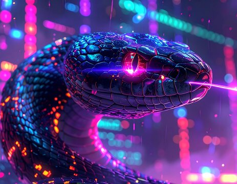 A digital snake with glowing skin and neon-lit city backdrop, emphasizing its head with a vibrant, stylized aesthetic - Powered by Adobe