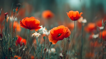 Obraz premium Brilliant red blossoms illuminate a sunlit field during springtime bloom