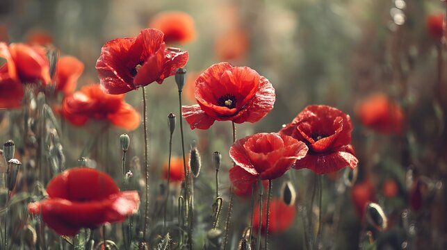 Bright red wildflowers bloom profusely in a sunlit field with soft focus background - Powered by Adobe