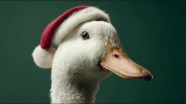 A close-up portrait of a white duck wearing a Santa hat. The duck is depicted against a solid green background