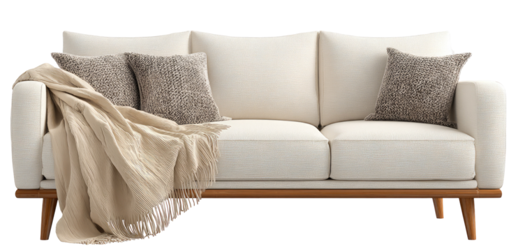 White sofa with beige throw and gray pillows