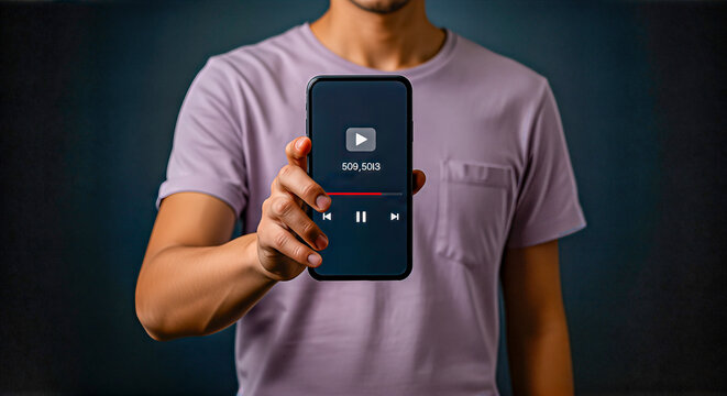 Young man holding smartphone displaying video playback interface, showcasing modern technology and digital media consumption with engaging visual elements