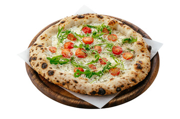 wood-fired pizza with tomatoes and arugula