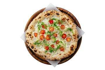 wood-fired pizza with tomatoes and arugula