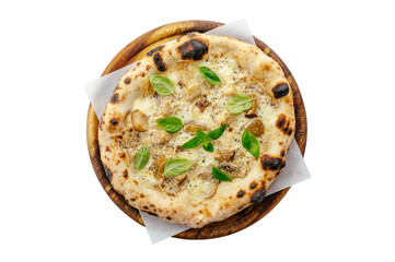 wood-fired pizza with chicken and basil