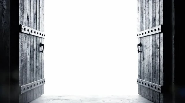 Vertical video of an ancient wooden door opening to reveal a bright white light. Mystical smoke pours out from a gateway to heaven. Hope, opportunity, and new beginnings concept