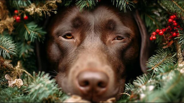 A chocolate Labrador's nose peeks out from a decorated Christmas wreath. It smells like Christmas. A funny happy dog ​​in winter, greeting card, poster
