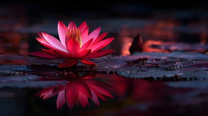 Vibrant pink water lily reflects perfectly upon dark, still water at dusk