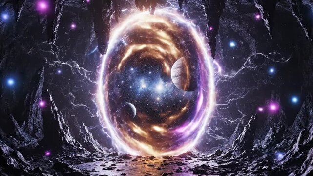 A glowing science fiction portal in a dark cave. A futuristic gateway reveals a cosmic galaxy and planets. Interdimensional travel concept