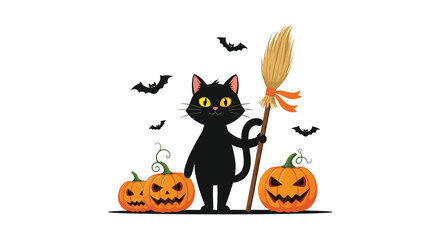 Fototapeta premium Halloween Black Cat with Pumpkins and Broomstick Illustration.