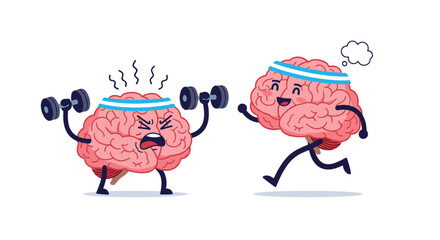 Fototapeta premium Two cartoon brains exercising with headbands on.