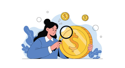 Naklejka premium Woman examining large gold coin with magnifying glass for financial analysis.