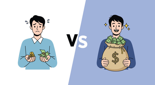 Comparison of a Sad Man with Little Money and a Happy Man with a Bag Full of Cash.