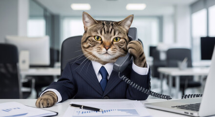 Funny Concept of Cat Businessman on Important Call