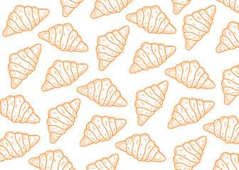 Hand-drawn croissant seamless pattern in sketch line art style on cream background. Elegant bakery-themed vector illustration, perfect for cafe branding, packaging design, wallpaper.