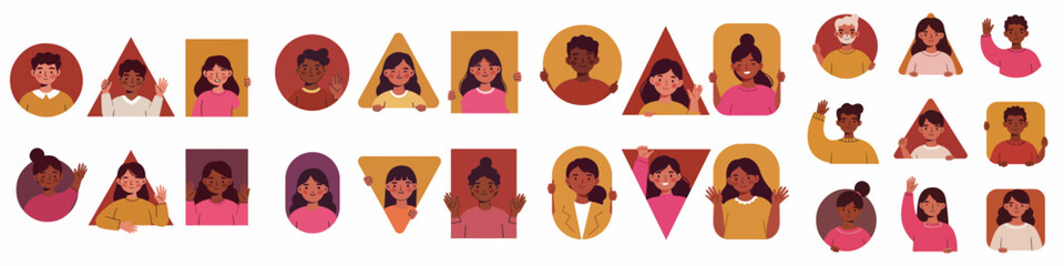 Diverse Happy Avatars Waving from Geometric Frames (Circles, Squares, Triangles) Representing Community and Social Media Users.