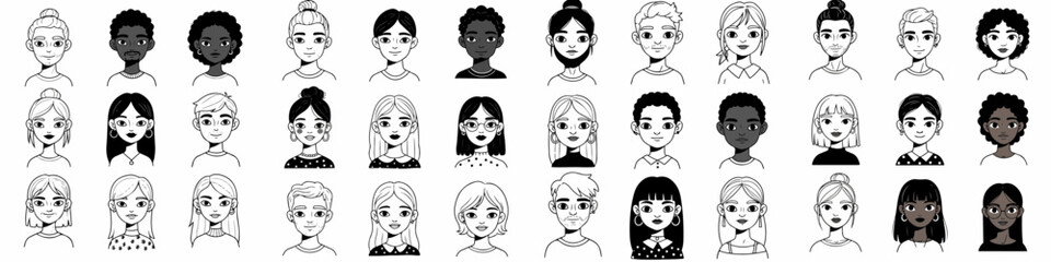 Diverse cartoon avatar collection. Monochrome doodle portraits of modern men and women showing various ethnicities and styles.