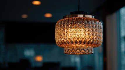 Ornate amber pendant lamp in a dimly lit room.