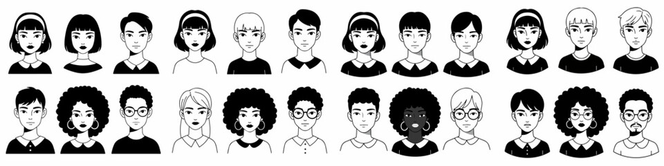 Collection of diverse monochrome avatar portraits. Flat design vector set featuring young people for user profiles and social media.