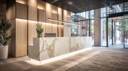 Modern reception desk in a contemporary building.