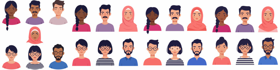 Large set of diverse multicultural flat vector avatars and profile icons for men and women, isolated on white background.