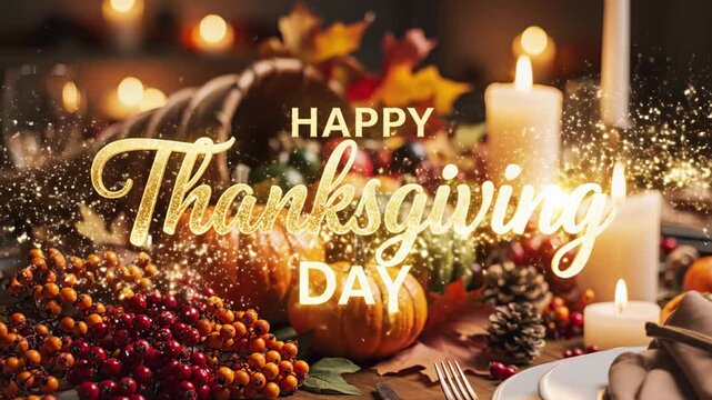 Animated Happy Thanksgiving Day greeting with golden text and sparkles. A festive autumn centerpiece with pumpkins and candles on a dinner table. Holiday celebration concept