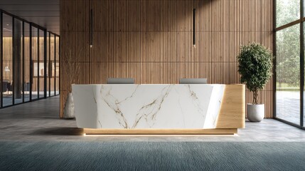 Modern marble reception desk in a contemporary lobby.