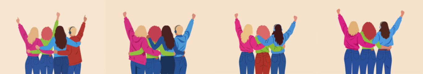 Obraz premium Vector illustration set of diverse female friends standing together, hugging, with raised fists symbolizing empowerment, celebration, and strong sisterhood.