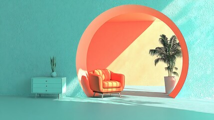 A vibrant interior design featuring a coral armchair and a tropical plant in a teal room.