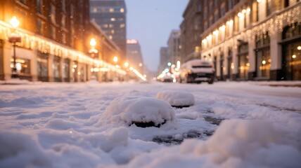 Fototapeta premium Low-Angle View of a Snowy City Street at Dusk with Illuminated Buildings