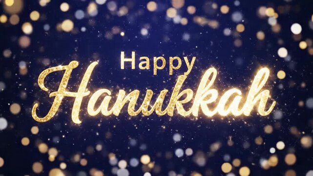 Animated Happy Hanukkah greeting with golden glitter text. Sparkling particles reveal a festive message on a blue bokeh background. Jewish holiday celebration