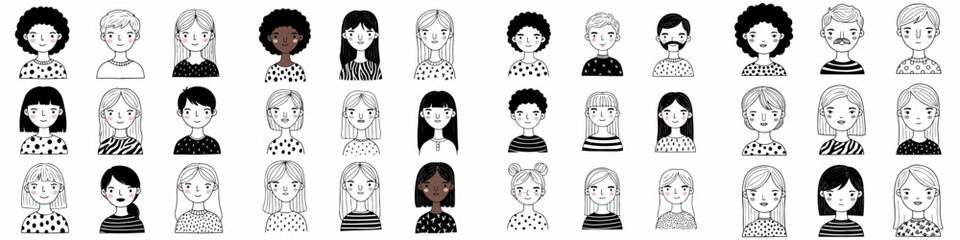 Diverse hand-drawn doodle avatars featuring men and women with various hairstyles and clothing patterns, suitable for profile icons or user interfaces.