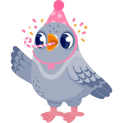 Pixel Art Pigeon Wearing A Party Hat Blowing A Party Blower And Surrounded By Confetti In A Transparent Background With Pink Accents And Blue Eyes Celebrating.