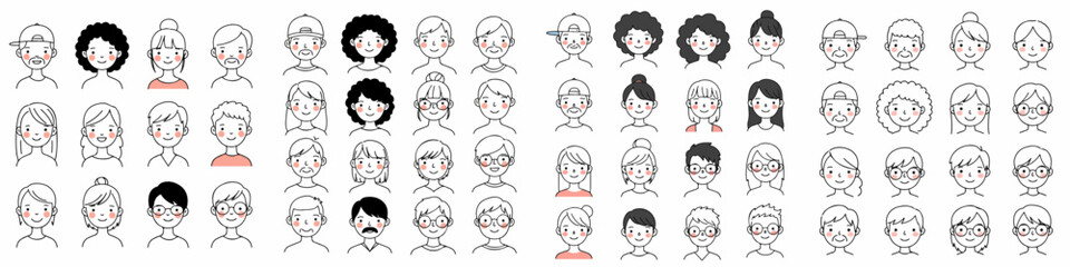 Large collection of diverse cartoon avatar icons featuring different genders, ages, and hairstyles in a simple line art style.