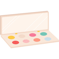 Pixel art eyeshadow palette with mirror and eight colorful pans in pink beige and yellow tones displayed open on a white background isolated illustration
