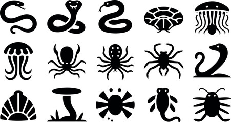 Collection of black silhouette icons of venomous animals and sea creatures snake silhouette cobra silhouette