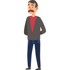 Pixel Art Illustration of a Man with a Moustache Wearing a Grey Cardigan and Blue Jeans Standing Against a White Background