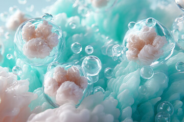 Aqua and white abstract background with floating bubbles and cloud like formations, creating dreamy and ethereal atmosphere. soft textures and pastel colors evoke sense of tranquility and wonder