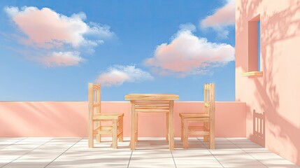 Wooden table and chairs on a pastel pink patio under a pastel sky.