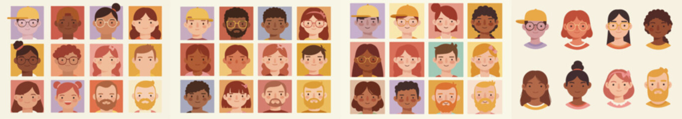 Diverse Flat Vector Avatars Collection of Multiethnic Faces and Portraits for User Profiles and Social Media Identity.