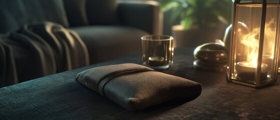 Cozy living room scene with wrapped gift on table, surrounded by glass, candle lantern, and soft lighting, creating warm and inviting atmosphere