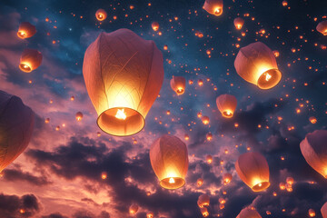 Lanterns float gracefully against starry night sky, creating mesmerizing and vibrant display. warm glow of lanterns contrasts beautifully with deep blue and purple hues of sky