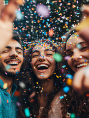 Joyful friends celebrating with colorful confetti, expressing happiness and togetherness. vibrant scene captures essence of friendship and fun in lively atmosphere