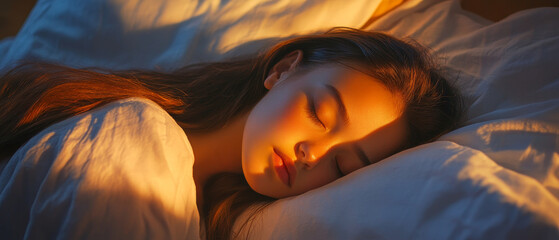 Serene scene of woman peacefully sleeping in warm, golden light, highlighting her relaxed expression and soft features. cozy setting evokes tranquility and comfort