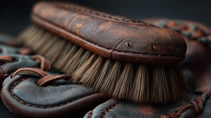 Close-up of a vintage baseball glove being cleaned with a leather brush, showcasing the details of the worn leather and the care taken to maintain the equipment, baseball theme.